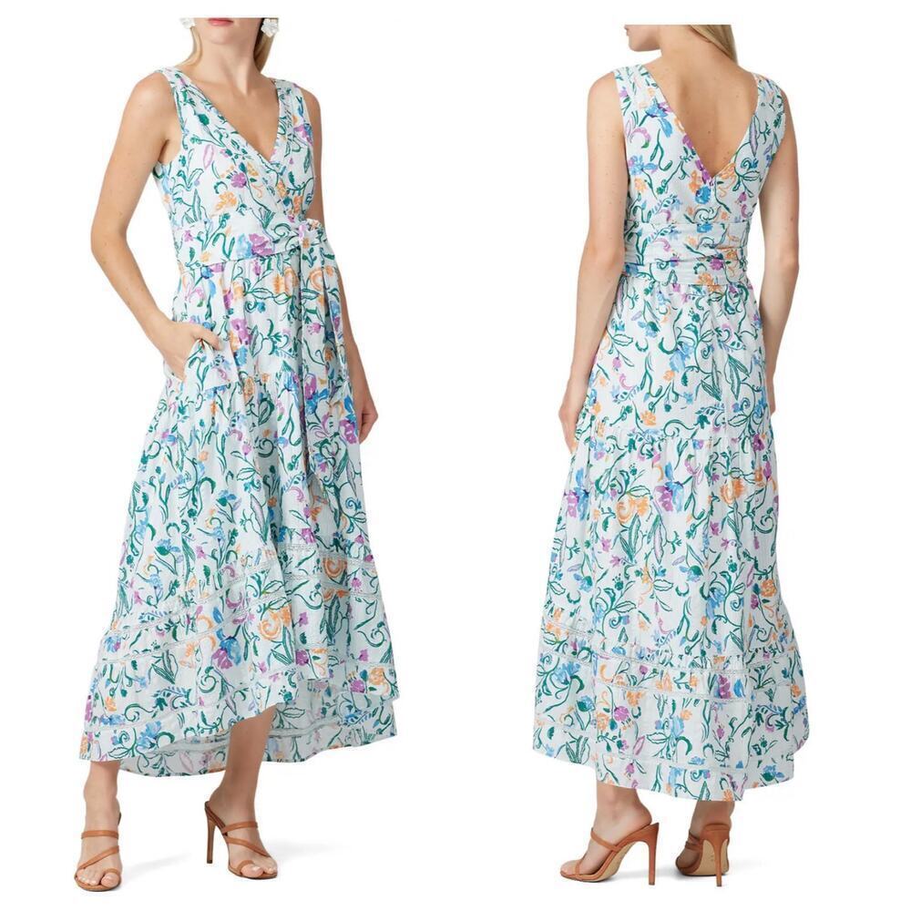 Tanya Taylor Dress Neves Floral Midi Maxi Cotton Sleeveless White Blue 4